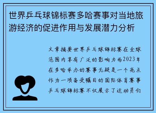 世界乒乓球锦标赛多哈赛事对当地旅游经济的促进作用与发展潜力分析 世界乒乓球锦标赛多哈赛事对当地旅游经济的促进作用与发展潜力分析