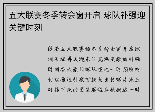 五大联赛冬季转会窗开启 球队补强迎关键时刻